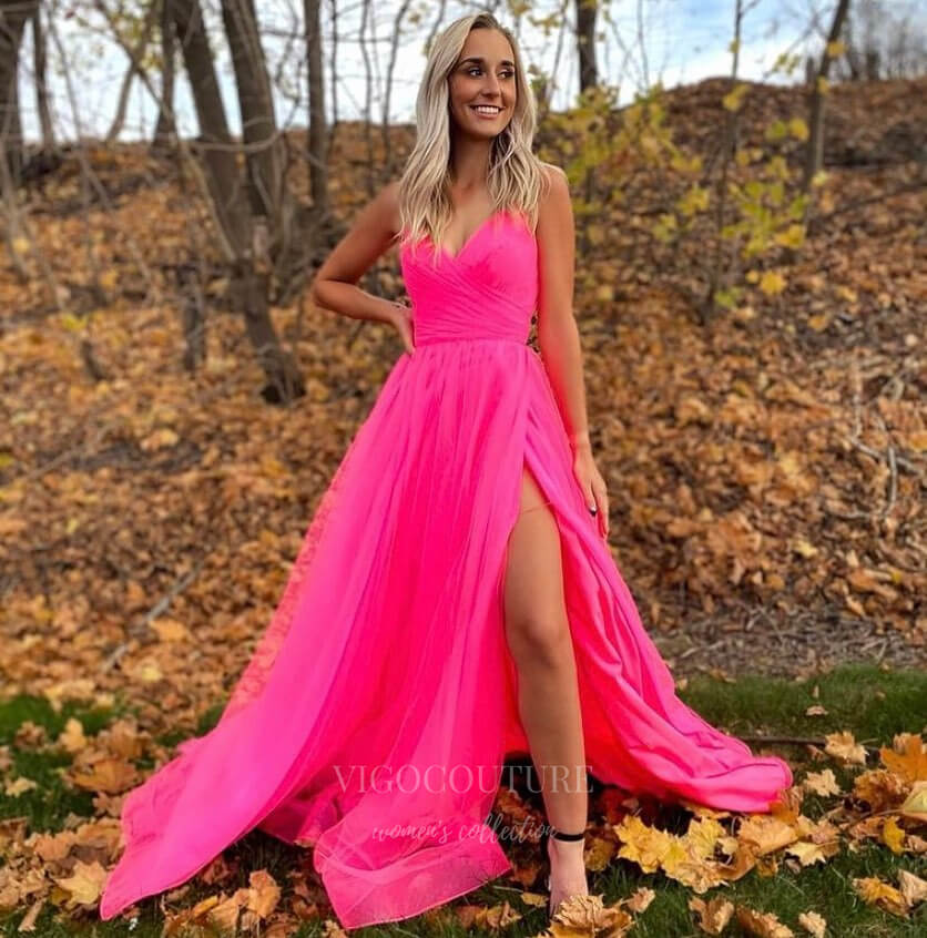 vigocouture Hot Pink Tulle Prom Dresses with Slit Spaghetti Strap Evening Dress 20389 Pink / US12